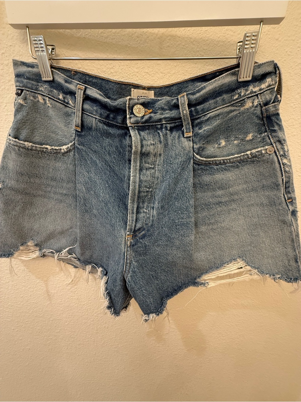 Citizens Of Humanity Faded Blue Distressed Denim Cutoff Shorts